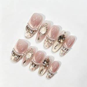 Blush Gold Crown Rhinestone Nails